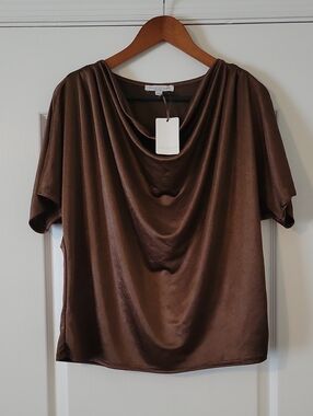 Green Envelop Brown Shimmer Draped Neck Short Sleeve Top-NWT
